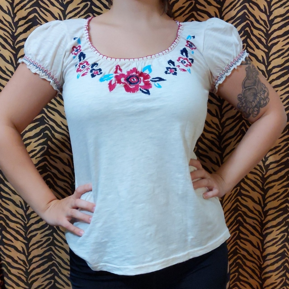 Cream colored puffed sleeve top by Lena Petites